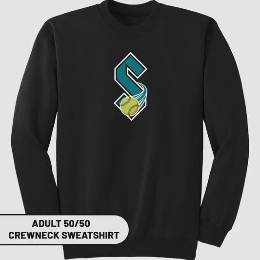 Black crewneck sweatshirt with teal 'S' logo and softball.