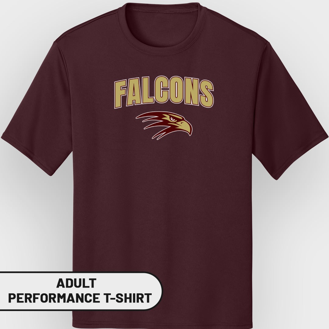 Maroon adult performance t-shirt with "Falcons" text and eagle graphic.