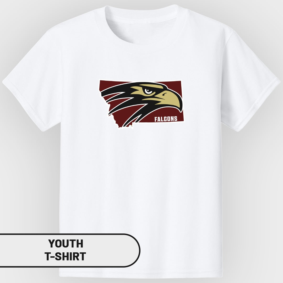 White youth t-shirt with a maroon state outline and a falcon head graphic.