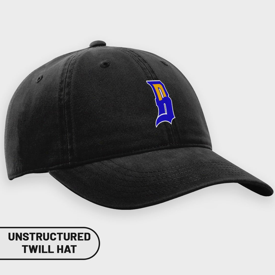 Black unstructured twill hat with embroidered blue and yellow logo.