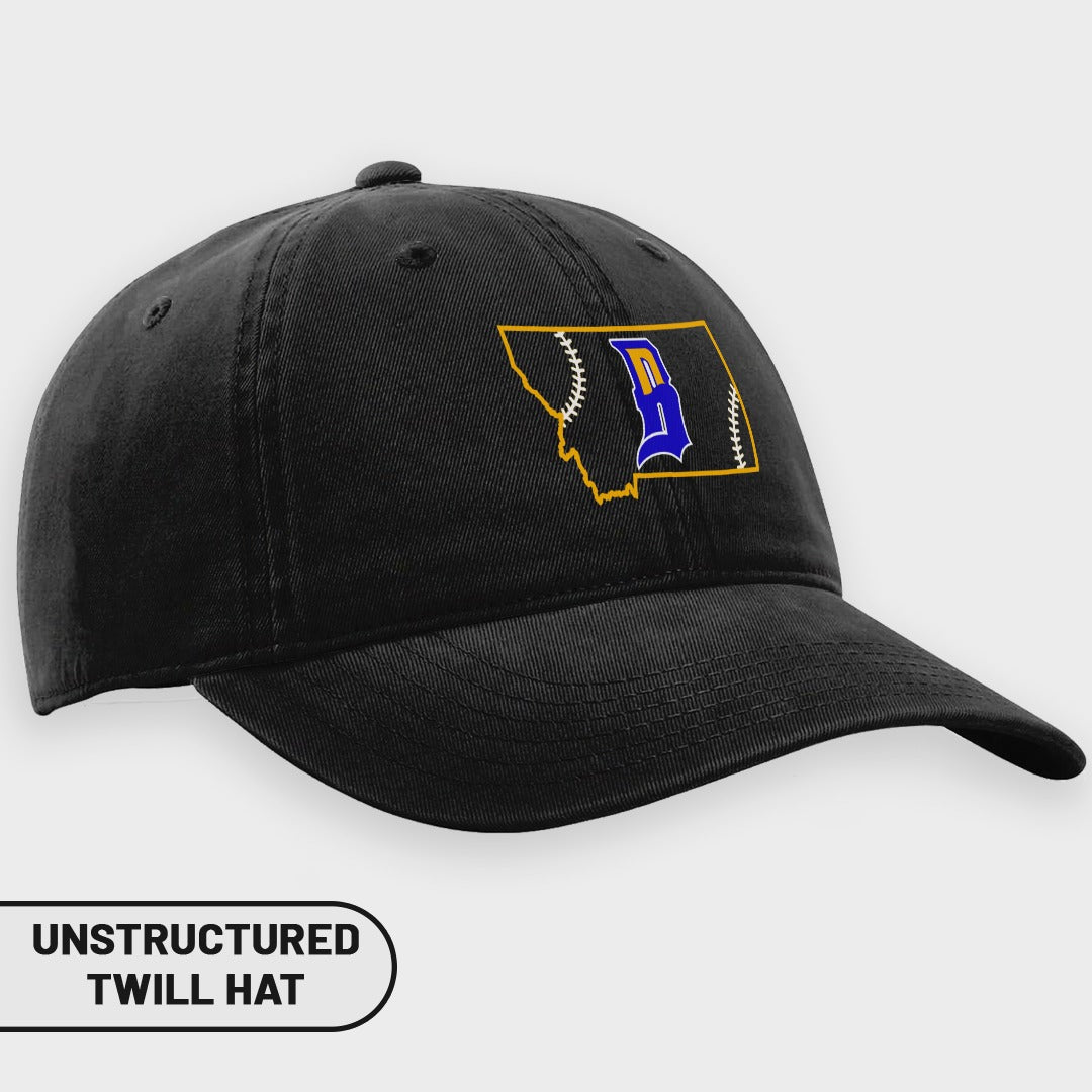Black unstructured twill hat with Montana outline and blue "D" logo.