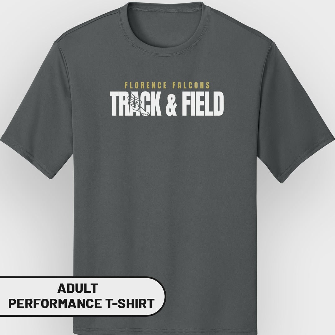 Adult performance t-shirt with "Florence Falcons Track & Field" text.