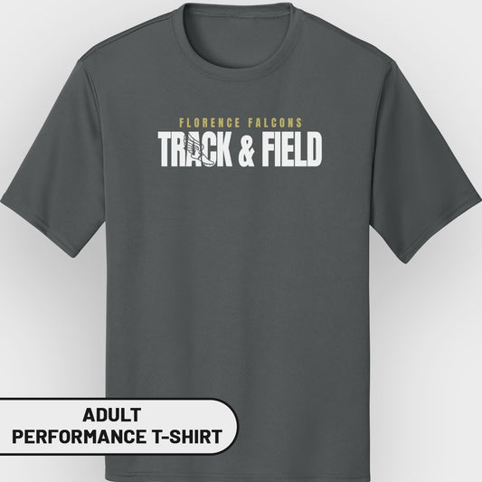 Adult performance t-shirt with "Florence Falcons Track & Field" text.