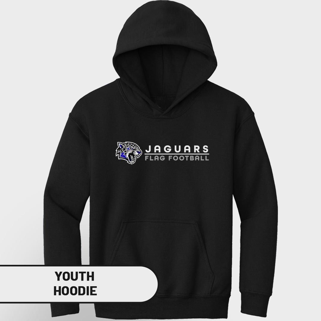 Black youth hoodie with Jaguars Flag Football logo and text.