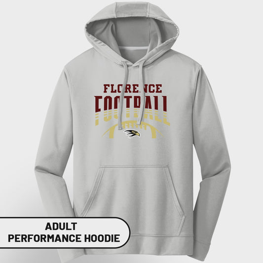 Light gray adult performance hoodie with "Florence Football" and mascot logo.