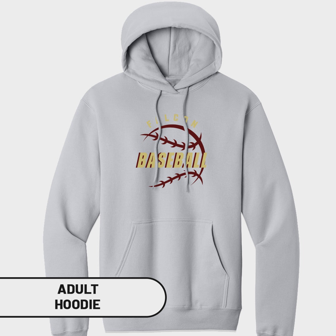 Light gray adult hoodie with "FALCON BASEBALL" graphic in maroon and gold.
