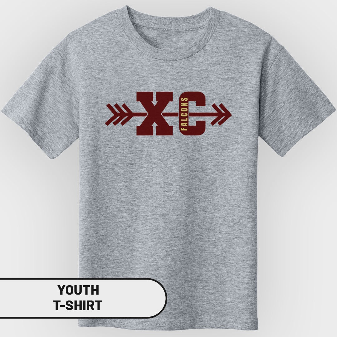 Gray youth t-shirt with maroon "XC Falcons" text and arrow graphics.
