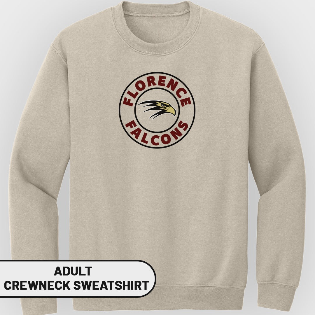 Adult crewneck sweatshirt with Florence Falcons logo.