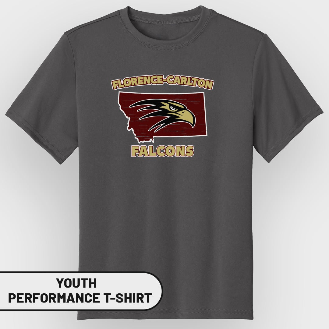 Youth charcoal gray t-shirt with Florence-Carlton Falcons logo and Montana outline.