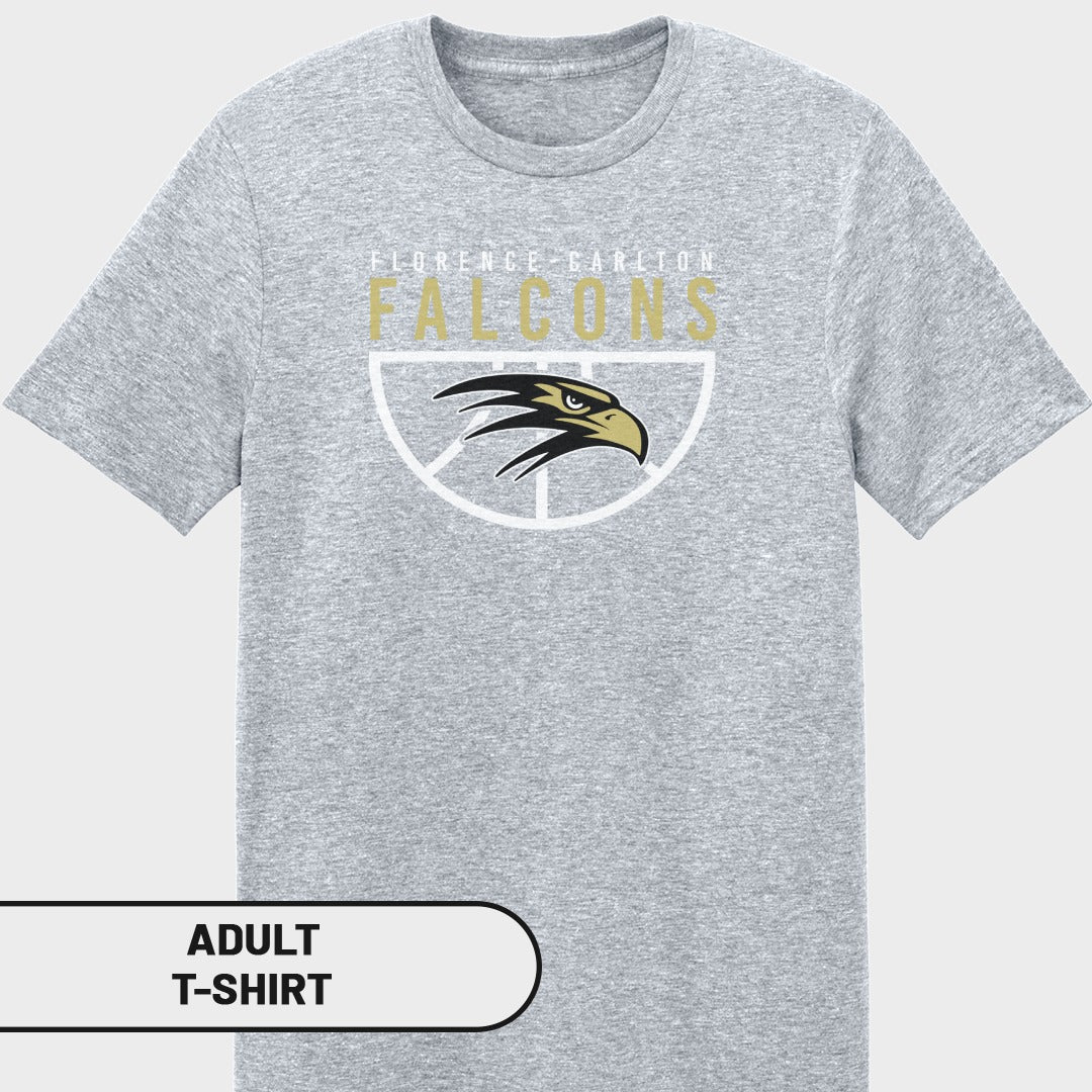 Grey adult t-shirt with Florence Carlton Falcons basketball logo.