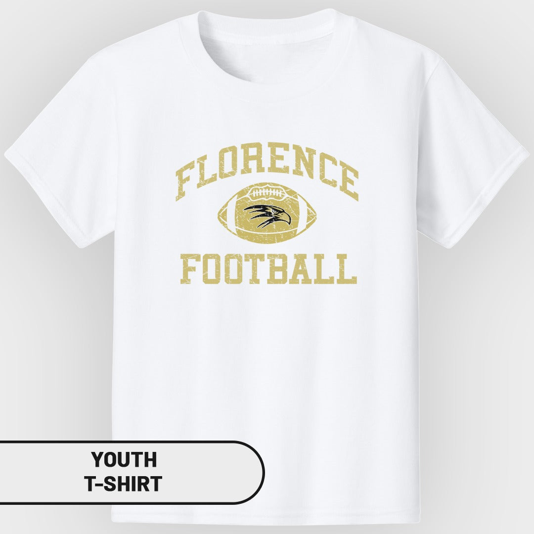 White youth t-shirt with gold "Florence Football" text and football graphic.