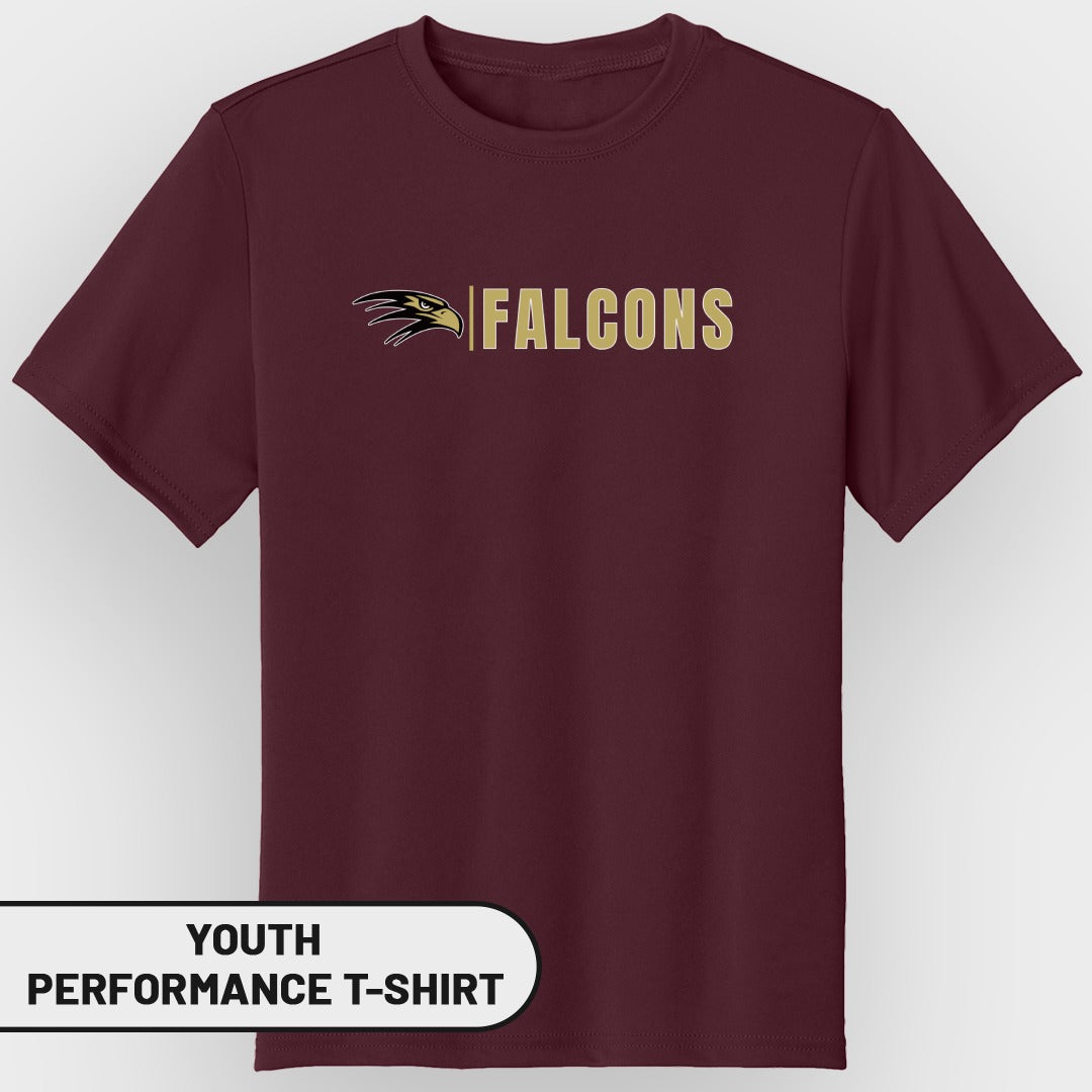 Maroon youth performance t-shirt with gold "FALCONS" text and eagle logo.