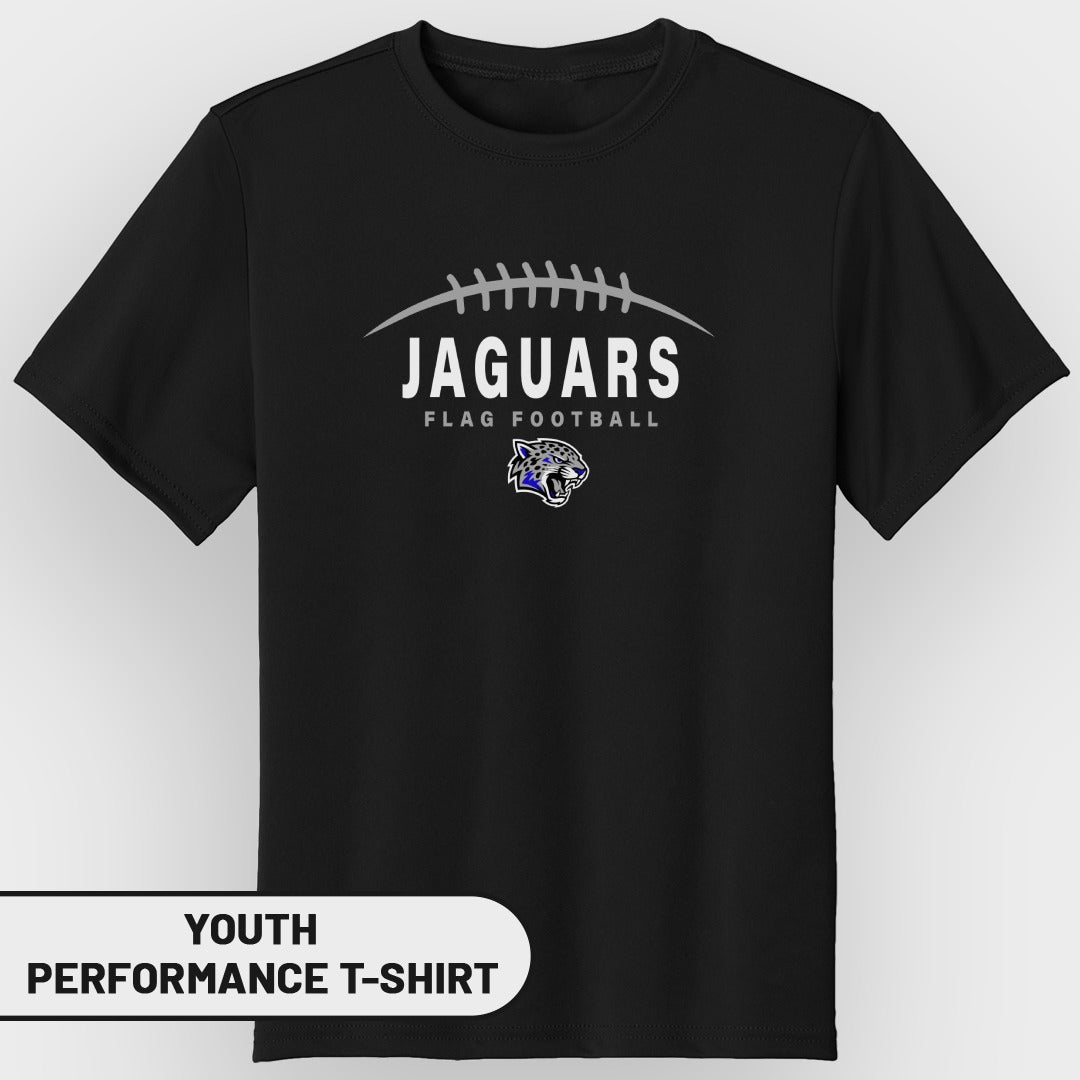 Black youth performance t-shirt with Jaguars flag football graphic.