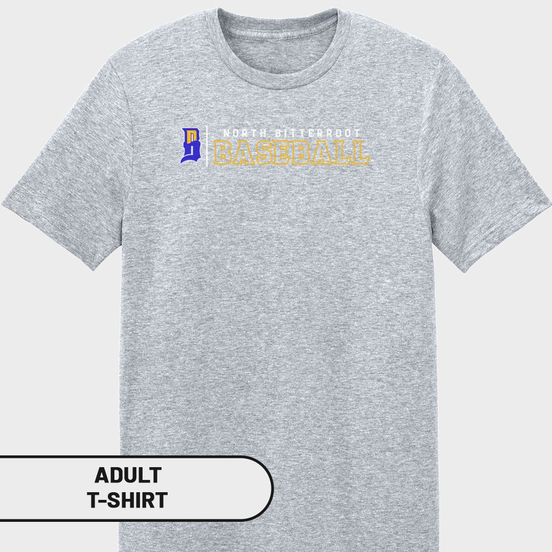Grey adult t-shirt with "North Bitterroot Baseball" text and logo.