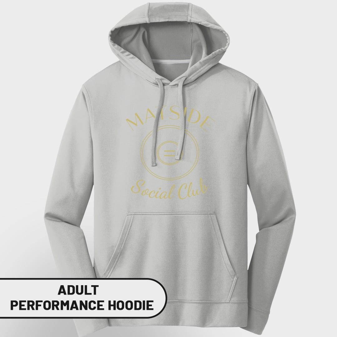 Light grey adult performance hoodie with gold "M a t S i d e Social Club" logo.