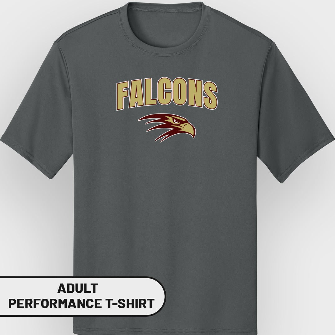 Gray adult performance t-shirt with gold "FALCONS" text and a hawk logo.