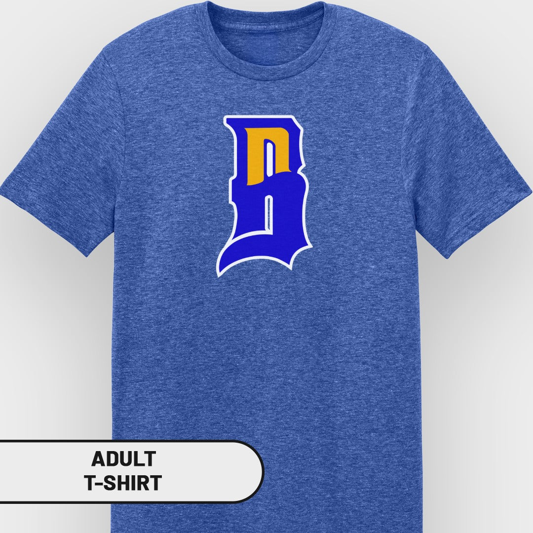 Blue adult t-shirt with a white and yellow athletic-style "B" logo.