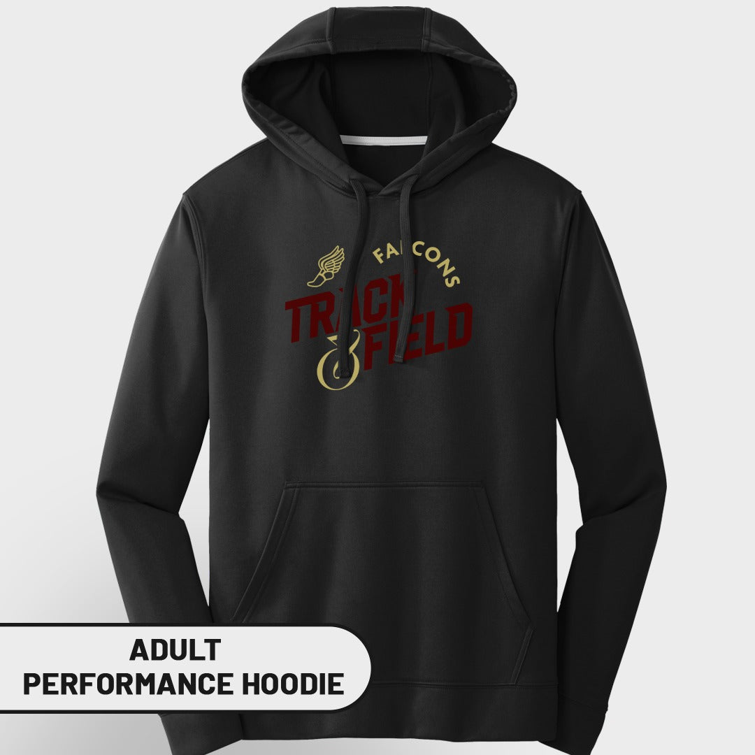 Black adult performance hoodie with "Falcons Track & Field" logo.