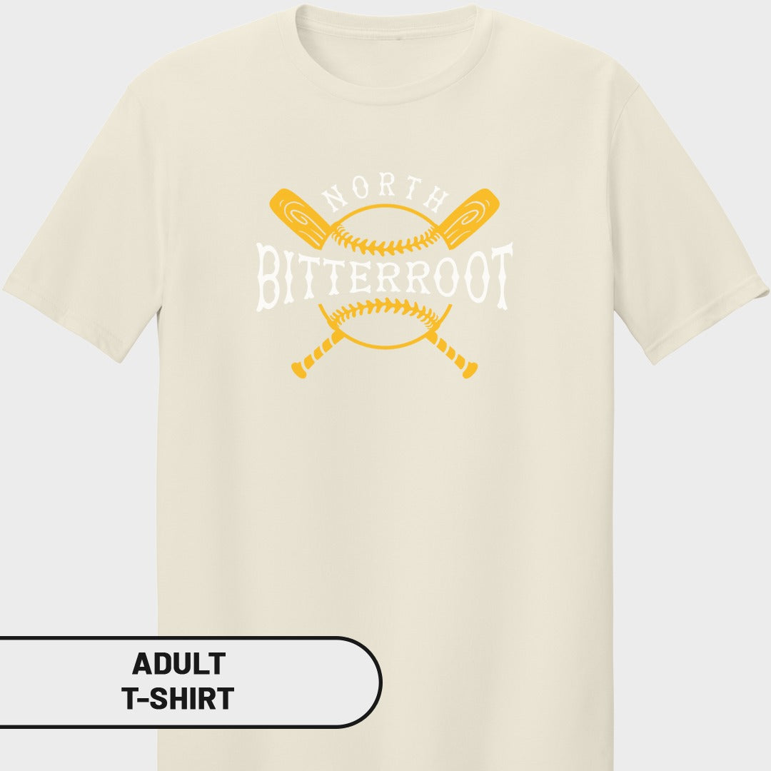Cream t-shirt with "NORTH BITTERROOT" and crossed baseball bats.