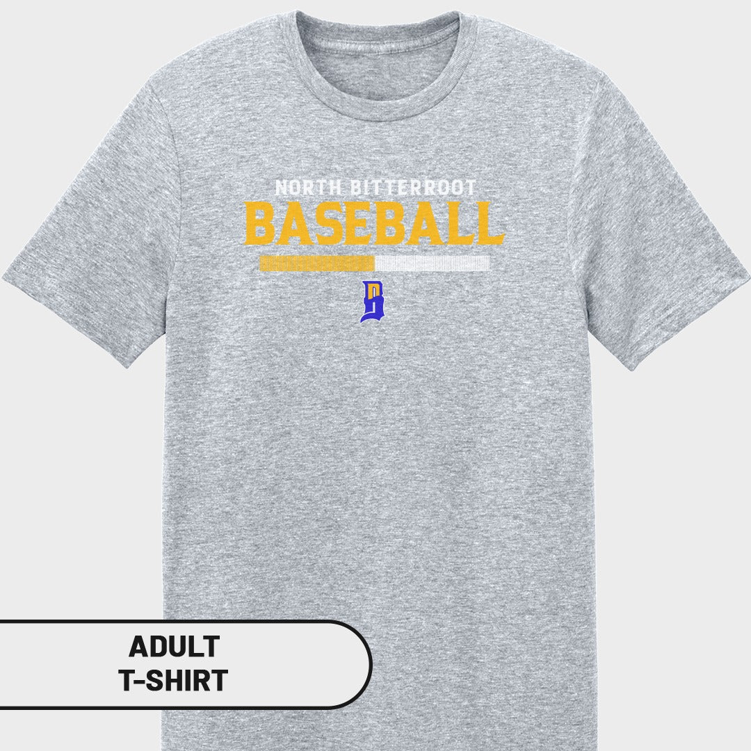 Grey t-shirt with "NORTH BITTERROOT BASEBALL" and a blue "B" logo.