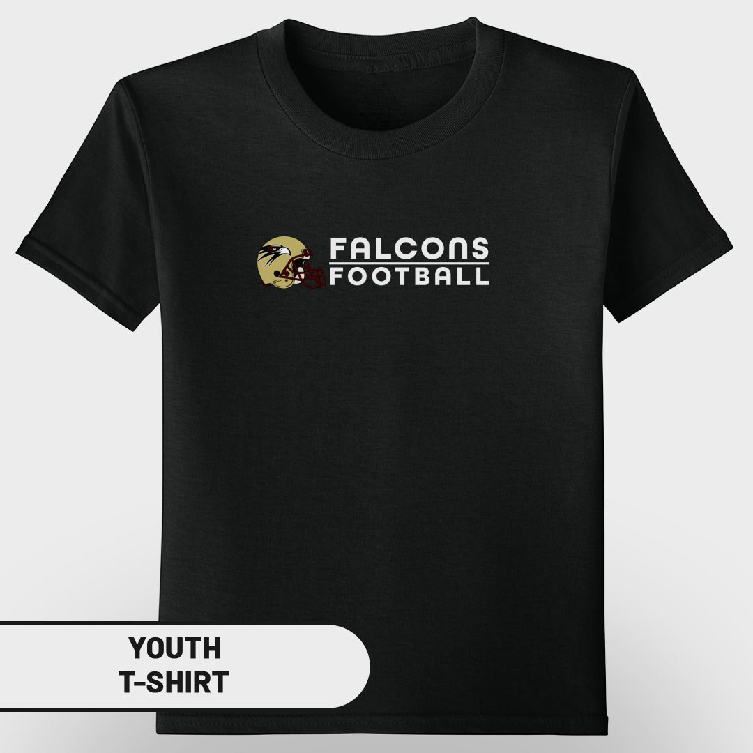 Black youth t-shirt with "FALCONS FOOTBALL" and football helmet graphic.