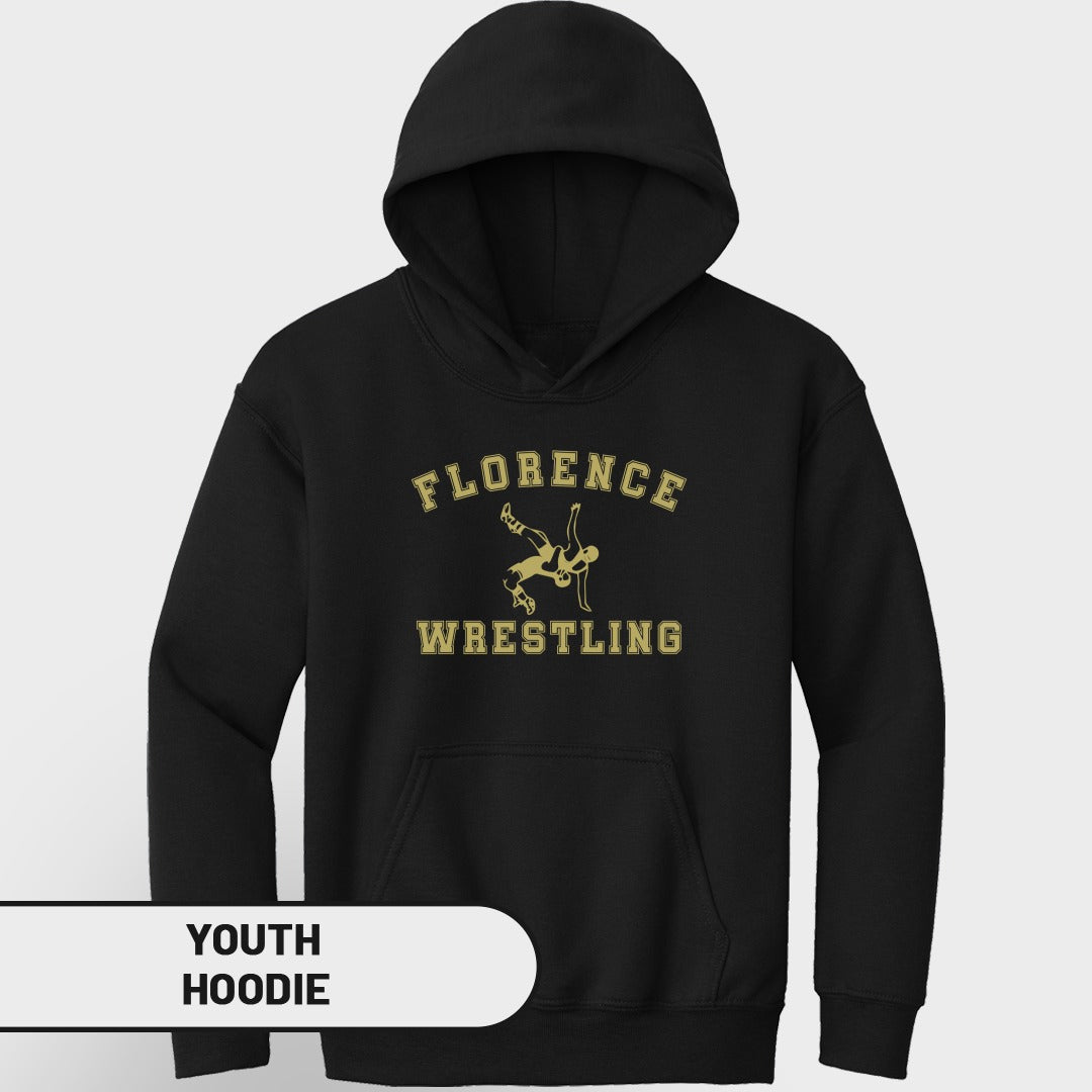 Black youth hoodie with "Florence Wrestling" text and wrestler graphic.