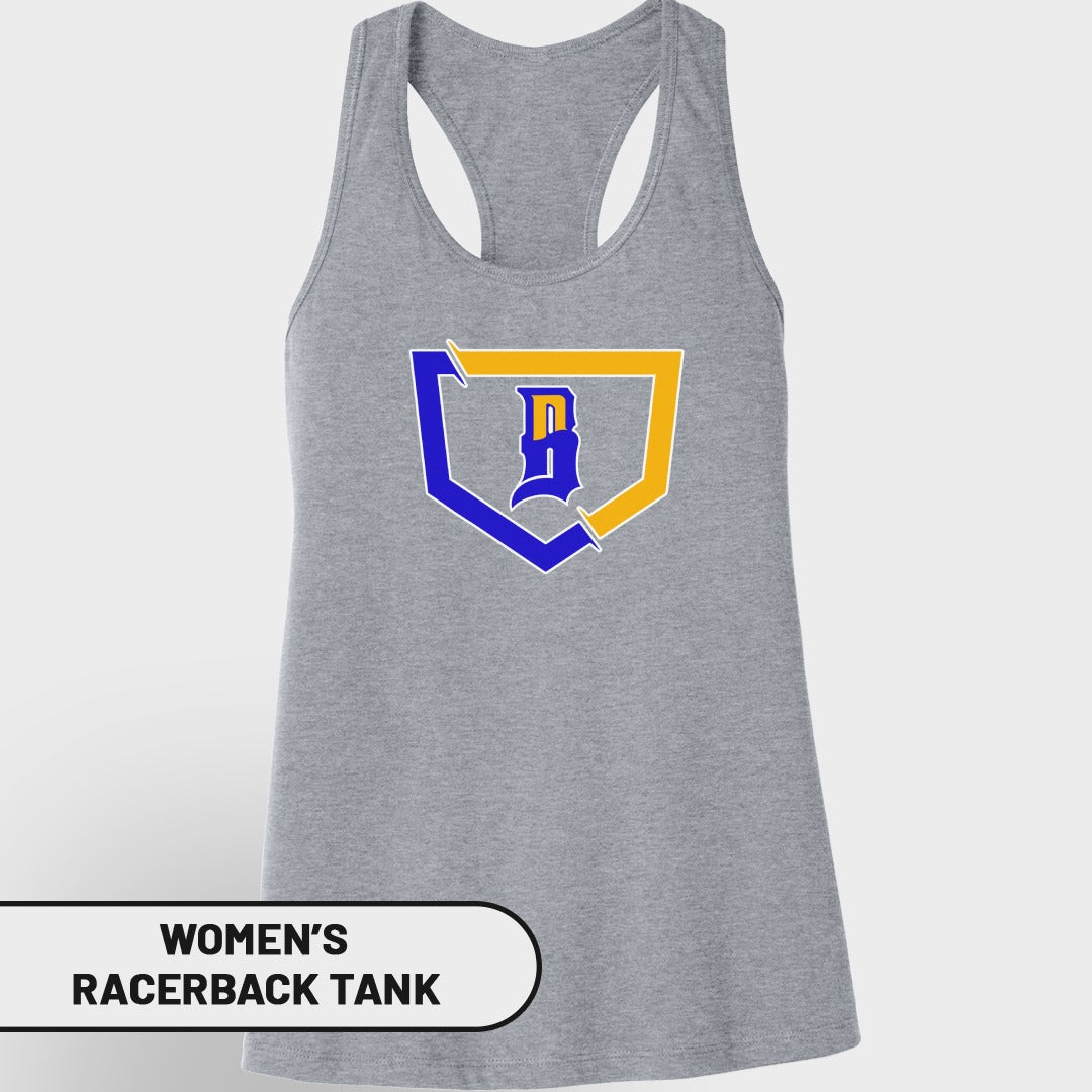 Grey women's racerback tank top with blue and yellow "B" logo.