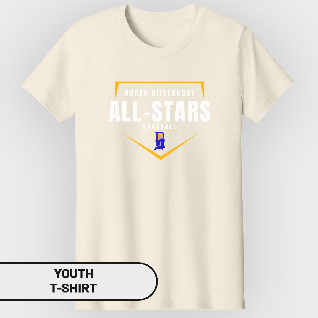 Cream youth t-shirt with "North Bitteroot All-Stars Baseball" and a blue 'B' logo.