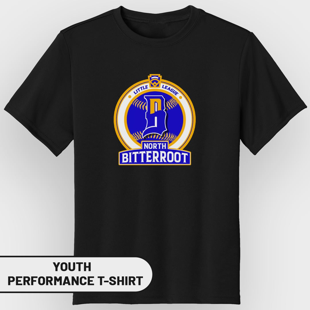 Black youth performance t-shirt featuring North Bitterroot Little League logo.