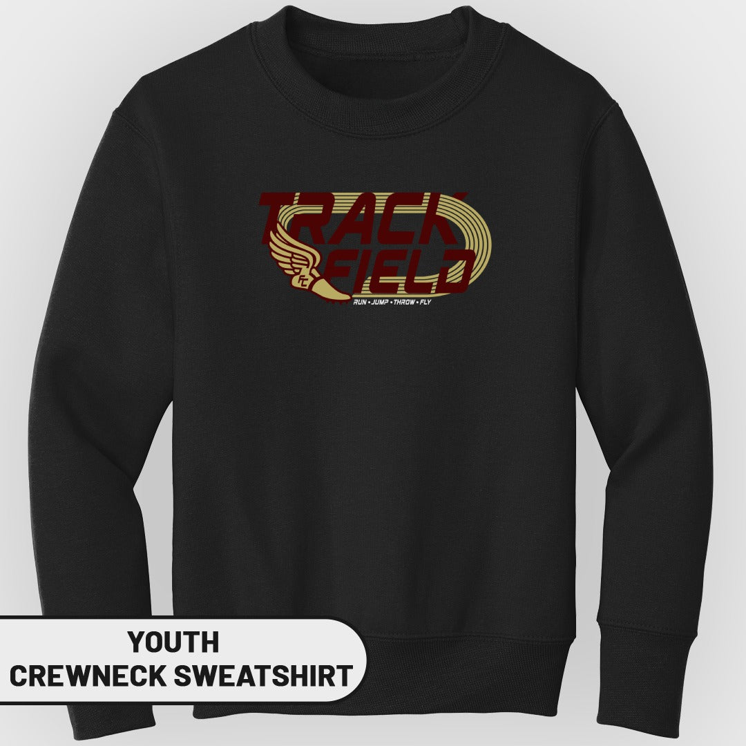 Black youth crewneck sweatshirt with "Track Field" graphic and "Run Jump Throw Fly" text.