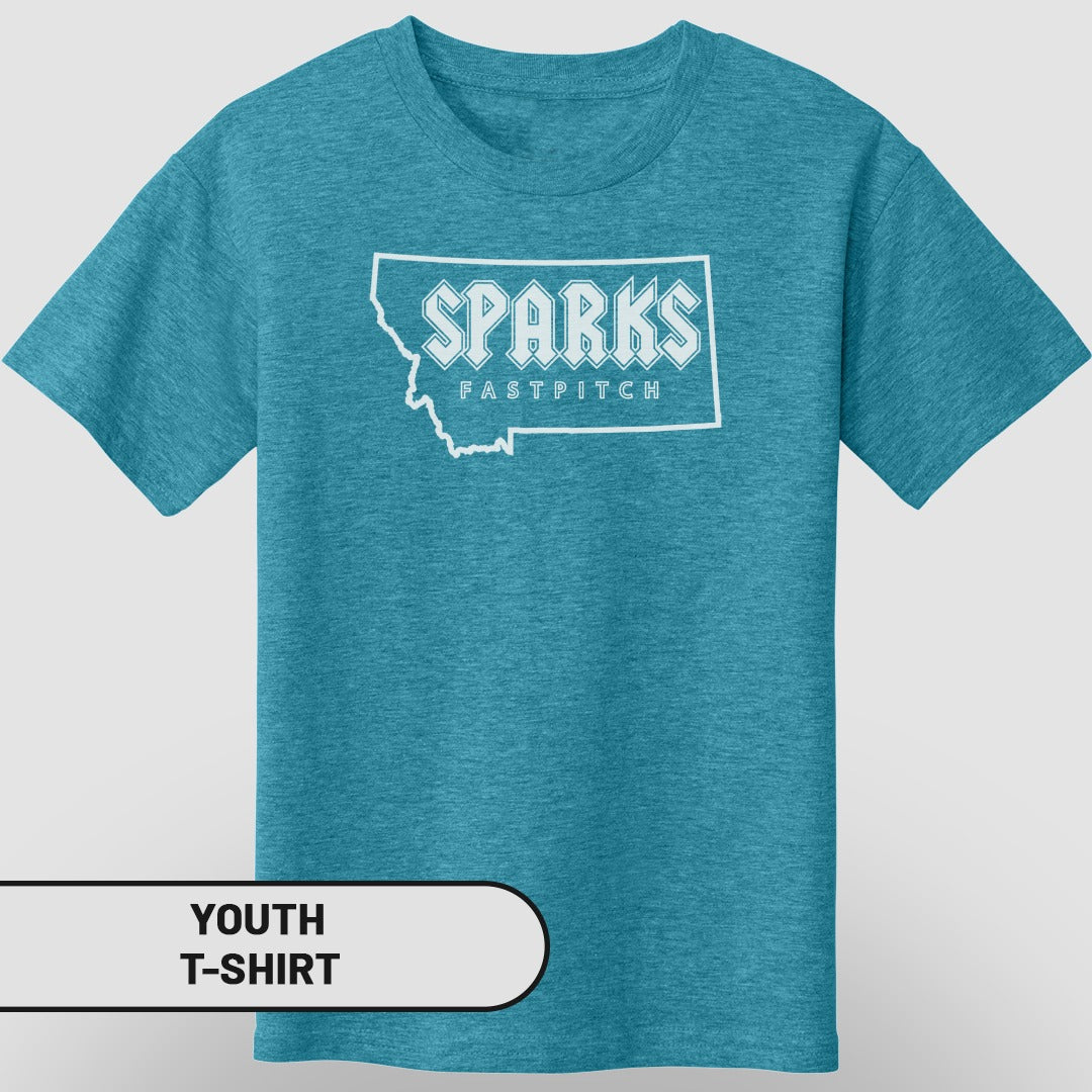 Youth t-shirt with "Sparks Fastpitch" and Montana outline graphic.