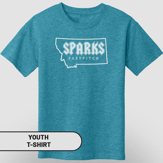 Youth t-shirt with "Sparks Fastpitch" and Montana outline graphic.