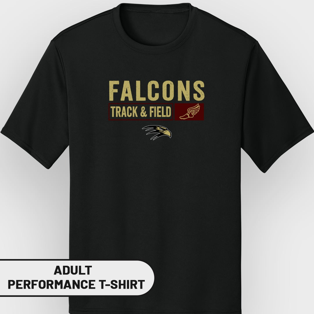 Black adult performance t-shirt with "FALCONS TRACK & FIELD" and eagle logo.