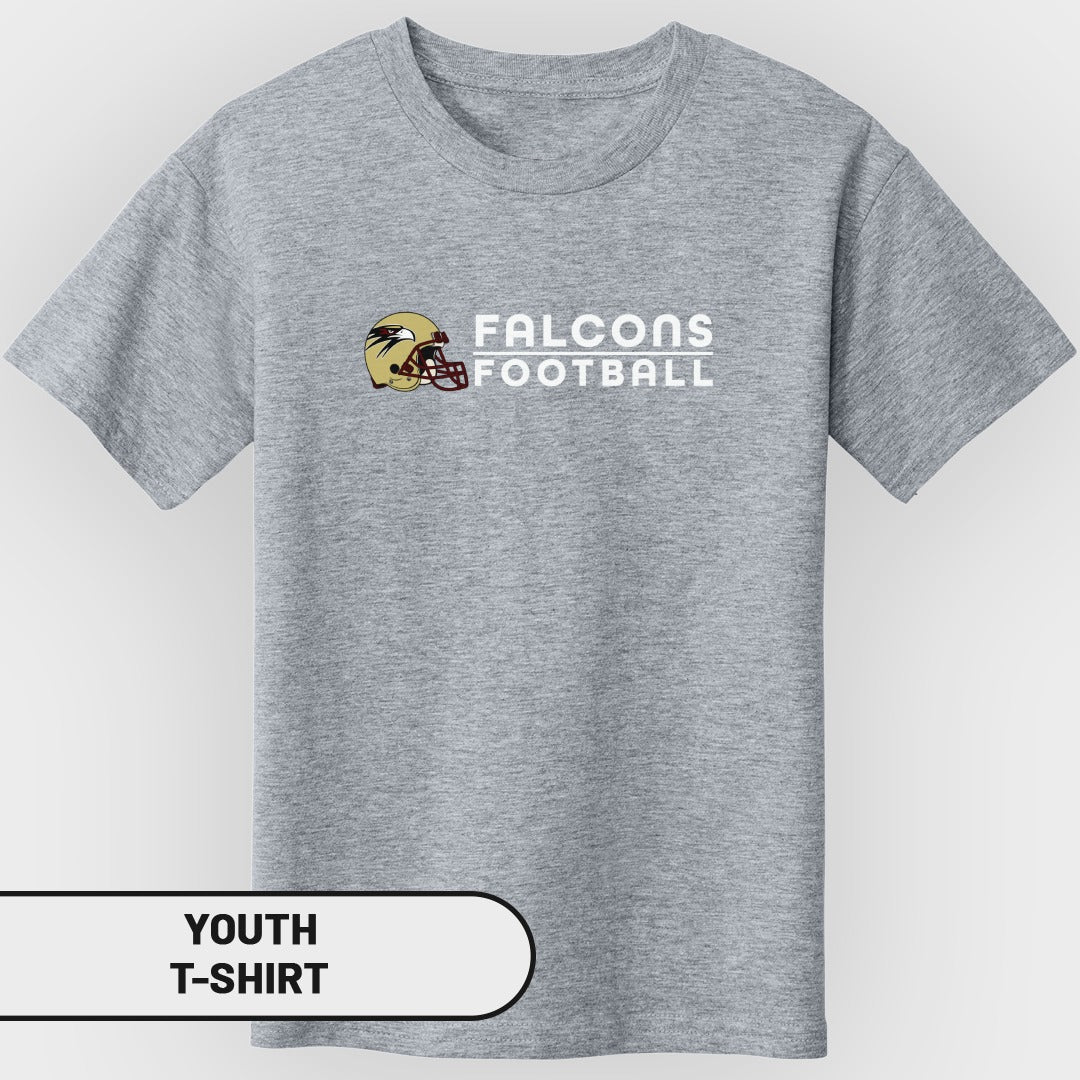 Grey youth t-shirt with "FALCONS FOOTBALL" and a football helmet graphic.