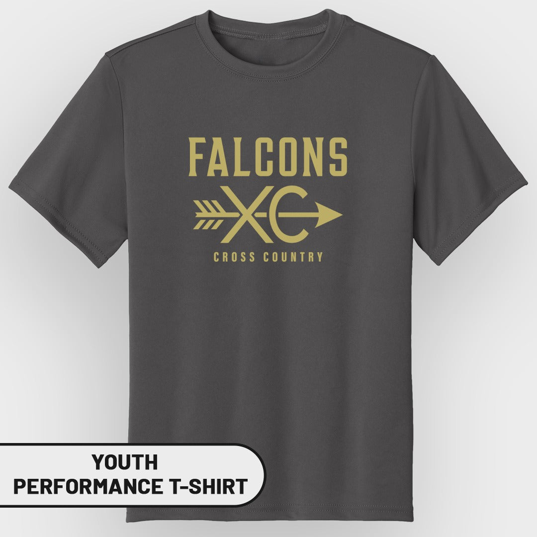Dark grey youth performance t-shirt with "Falcons XC Cross Country" graphic.
