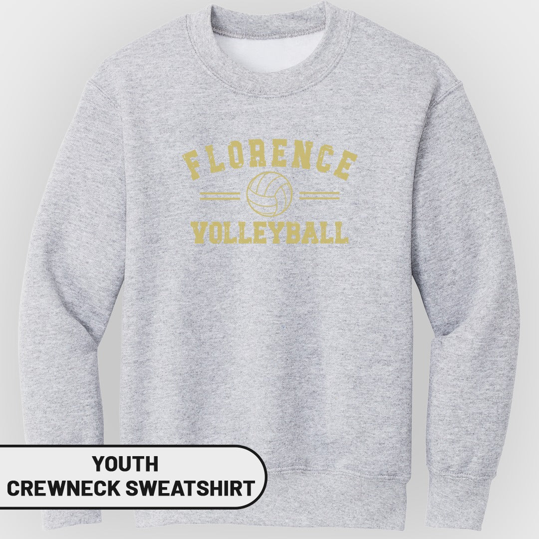 Youth gray crewneck sweatshirt with "FLORENCE VOLLEYBALL" text and volleyball graphic.