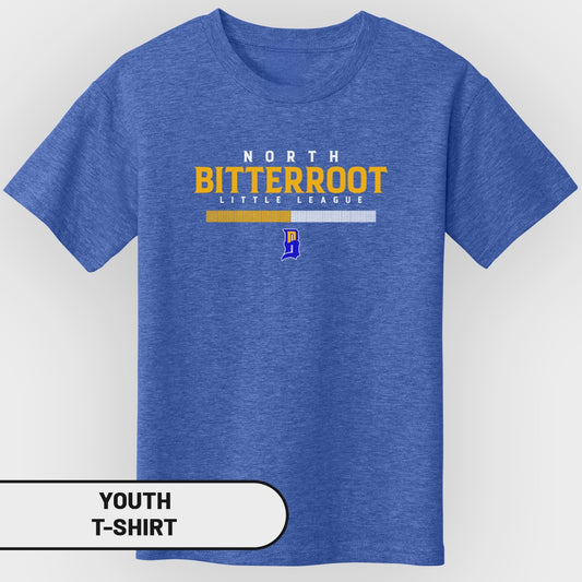 Youth t-shirt with "North Bitterroot Little League" text and a blue "D" logo.