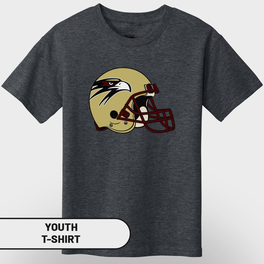 Dark grey youth t-shirt with gold and maroon football helmet featuring an eagle emblem.