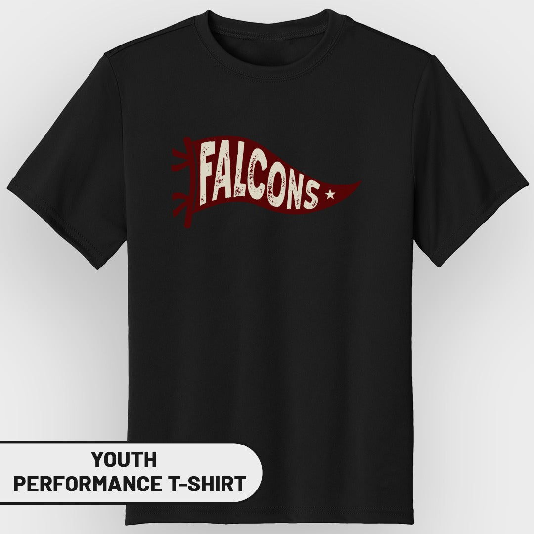 Black youth performance t-shirt with a red banner graphic and the word "FALCONS".