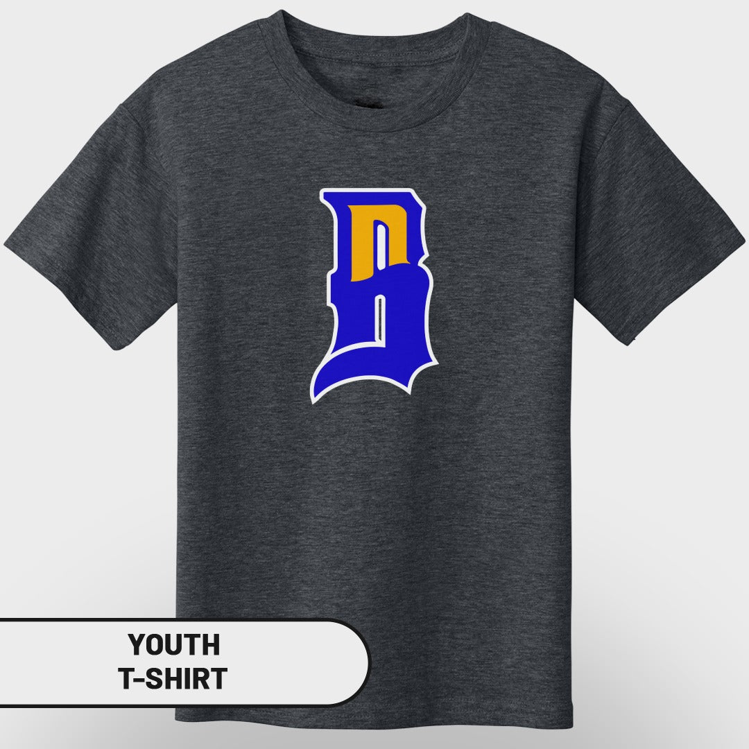 Dark grey youth t-shirt with a blue and yellow "B" logo.