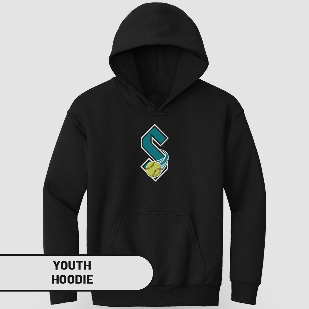 Black youth hoodie with a turquoise "S" logo and softball graphic.