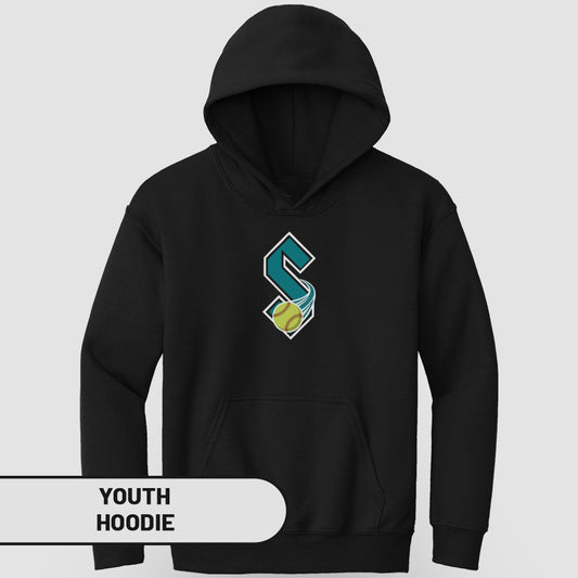Black youth hoodie with a turquoise "S" logo and softball graphic.