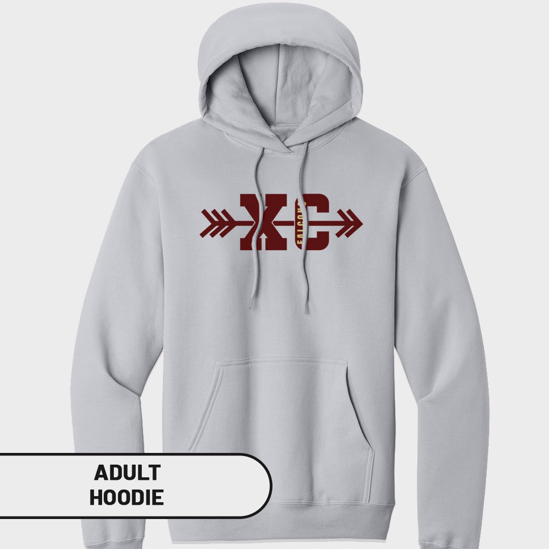Light grey adult hoodie with maroon "XC" graphic and arrows.