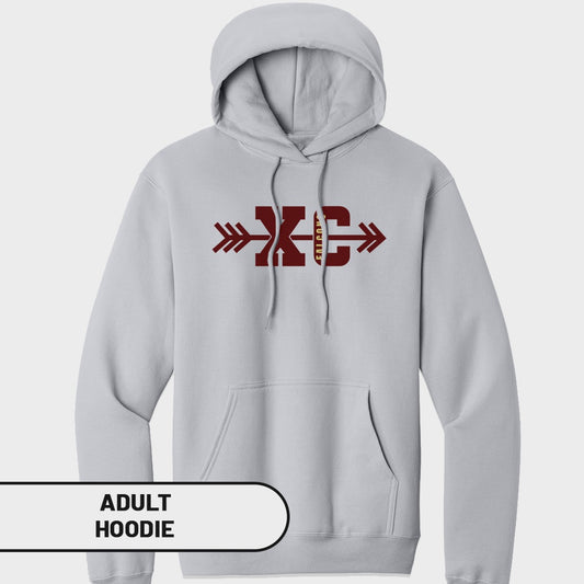 Light grey adult hoodie with maroon "XC" graphic and arrows.