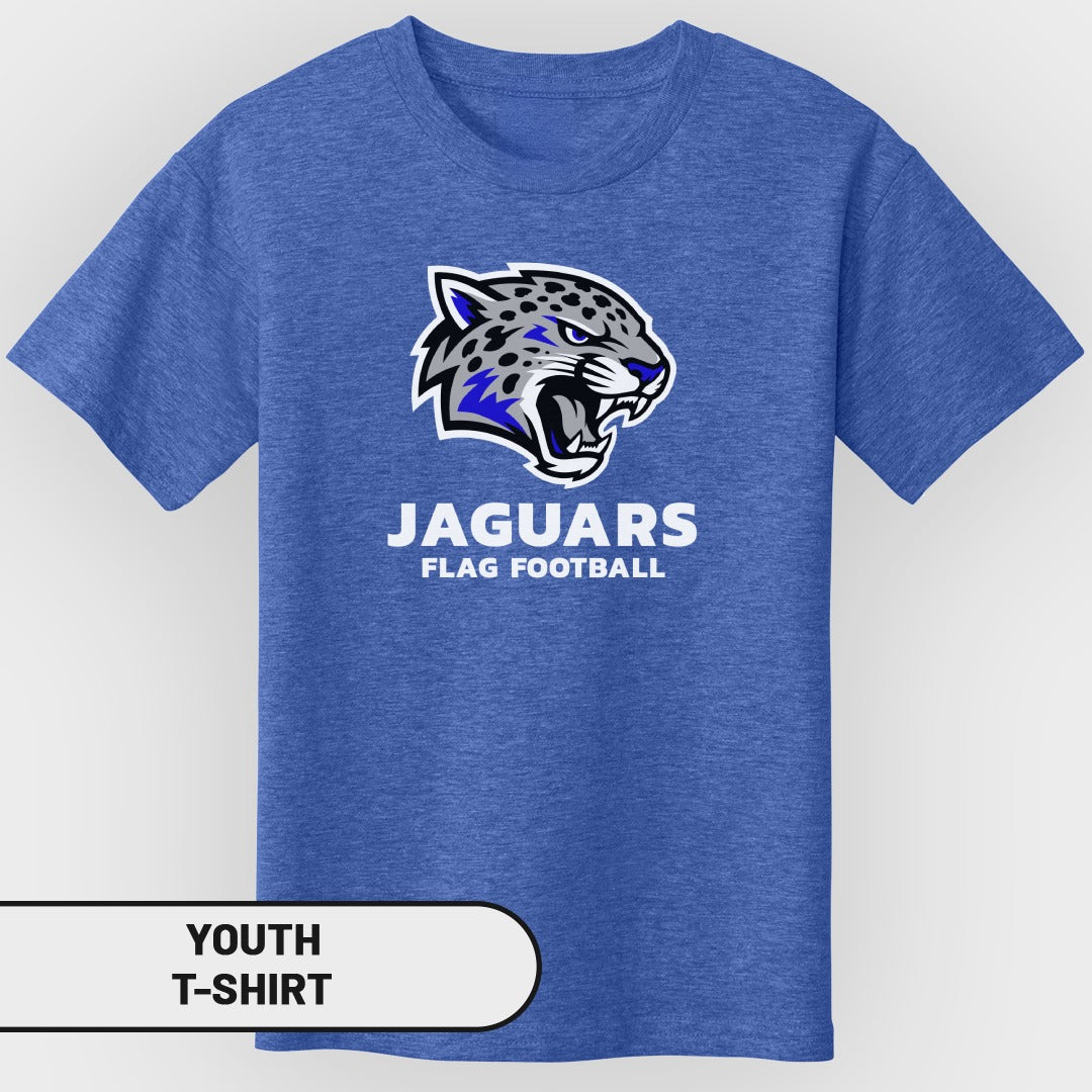 Blue youth t-shirt with a Jaguars flag football logo featuring a jaguar's head.