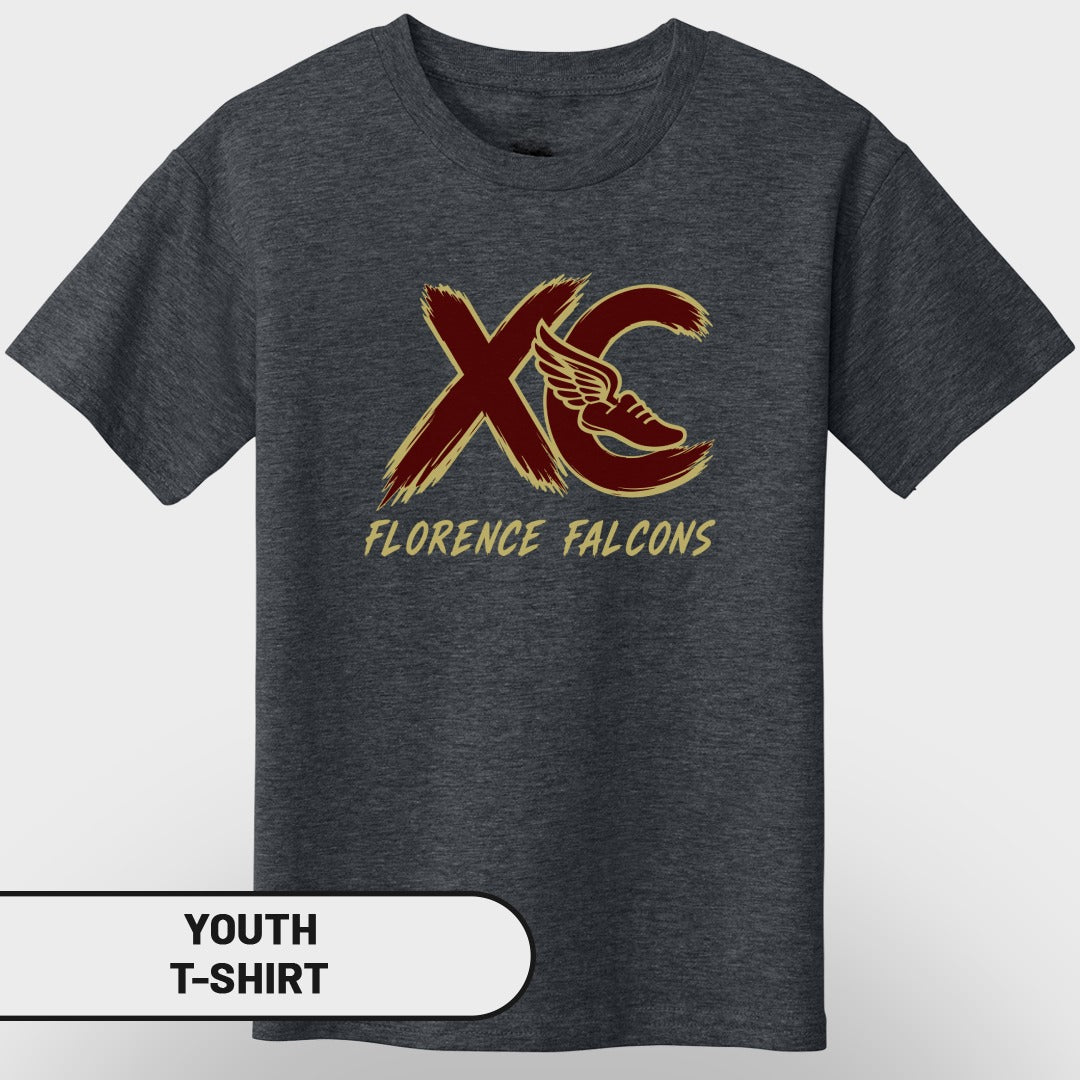 Dark grey youth t-shirt with "XC Florence Falcons" and winged shoe logo.