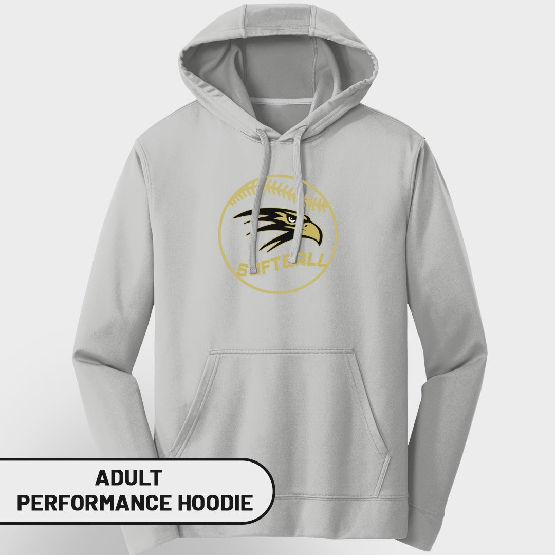Light gray adult performance hoodie with softball and eagle logo.