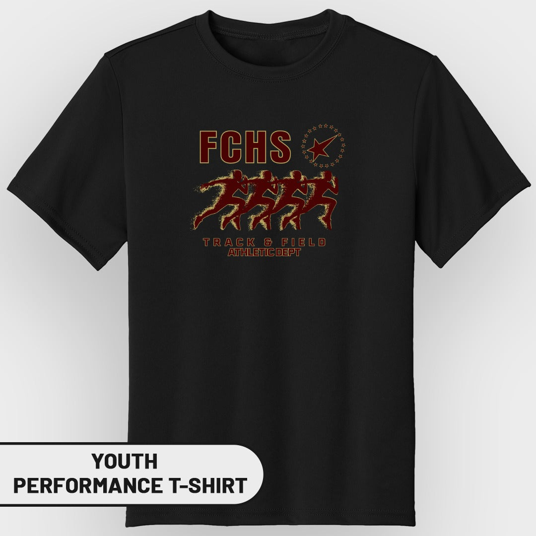 Black youth performance t-shirt with FCHS Track & Field Athletic Dept graphic.