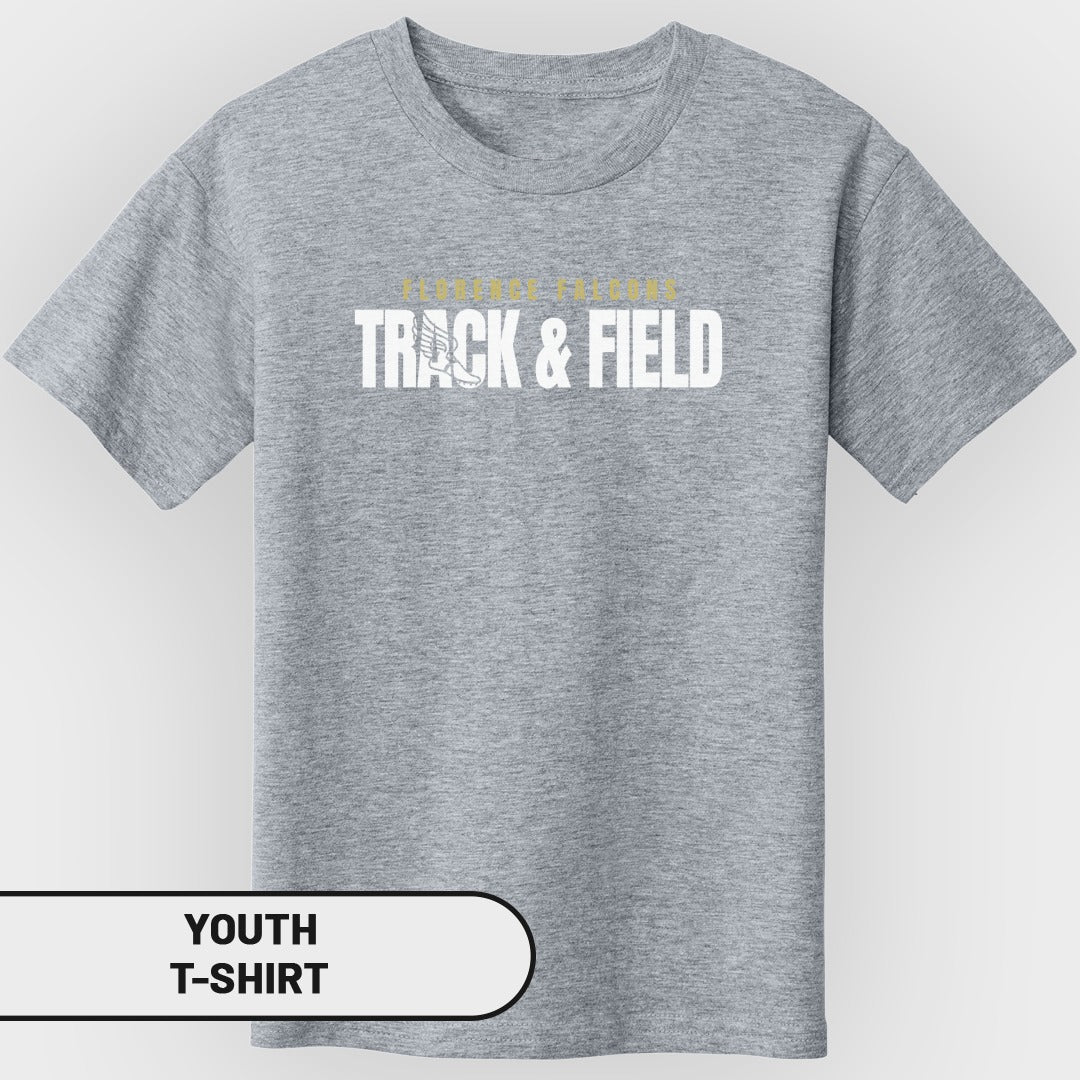 Grey youth t-shirt with "FLORENCE FALCONS TRACK & FIELD" graphic.