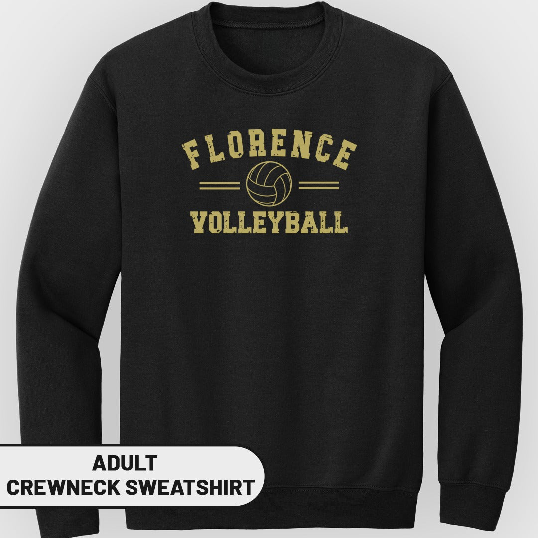 Black adult crewneck sweatshirt with "Florence Volleyball" and a volleyball graphic.
